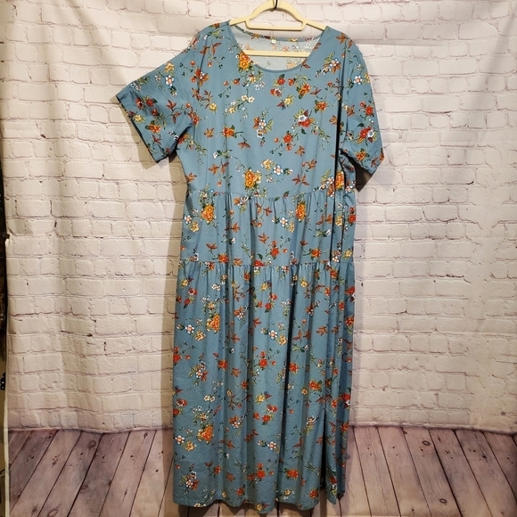 None Dresses & Skirts - YESNO Casual Loose Bohemian Short Sleeve Floral Dress Long Maxi